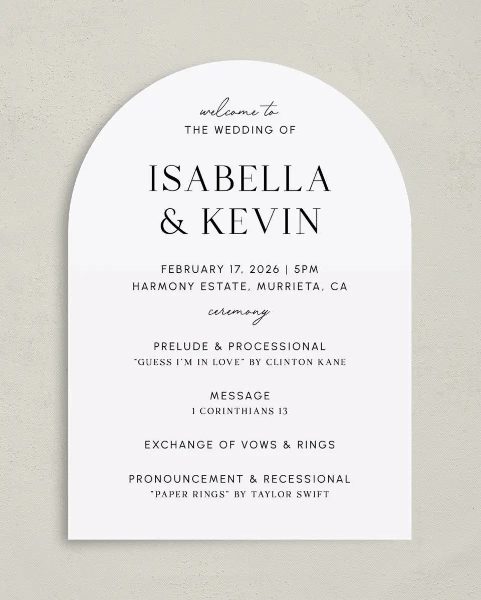 This is a 5" x 7" Arch Wedding Program called The Isabella printed in full color on Premium Smooth paper