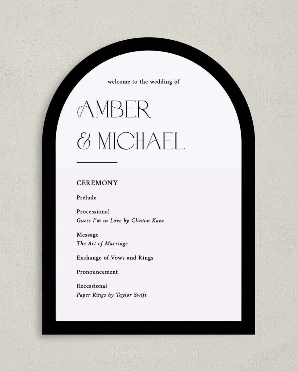 This is a 5" x 7" Arch Wedding Program called The Amber printed in full color on Premium Smooth paper