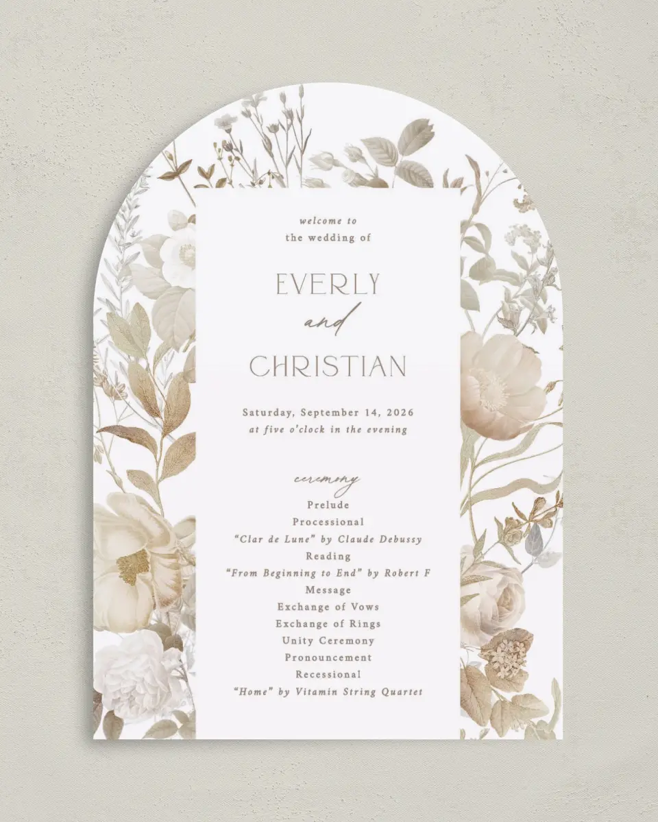 This is a 5" x 7" Arch Wedding Program called The Everly printed in full color on Premium Smooth paper