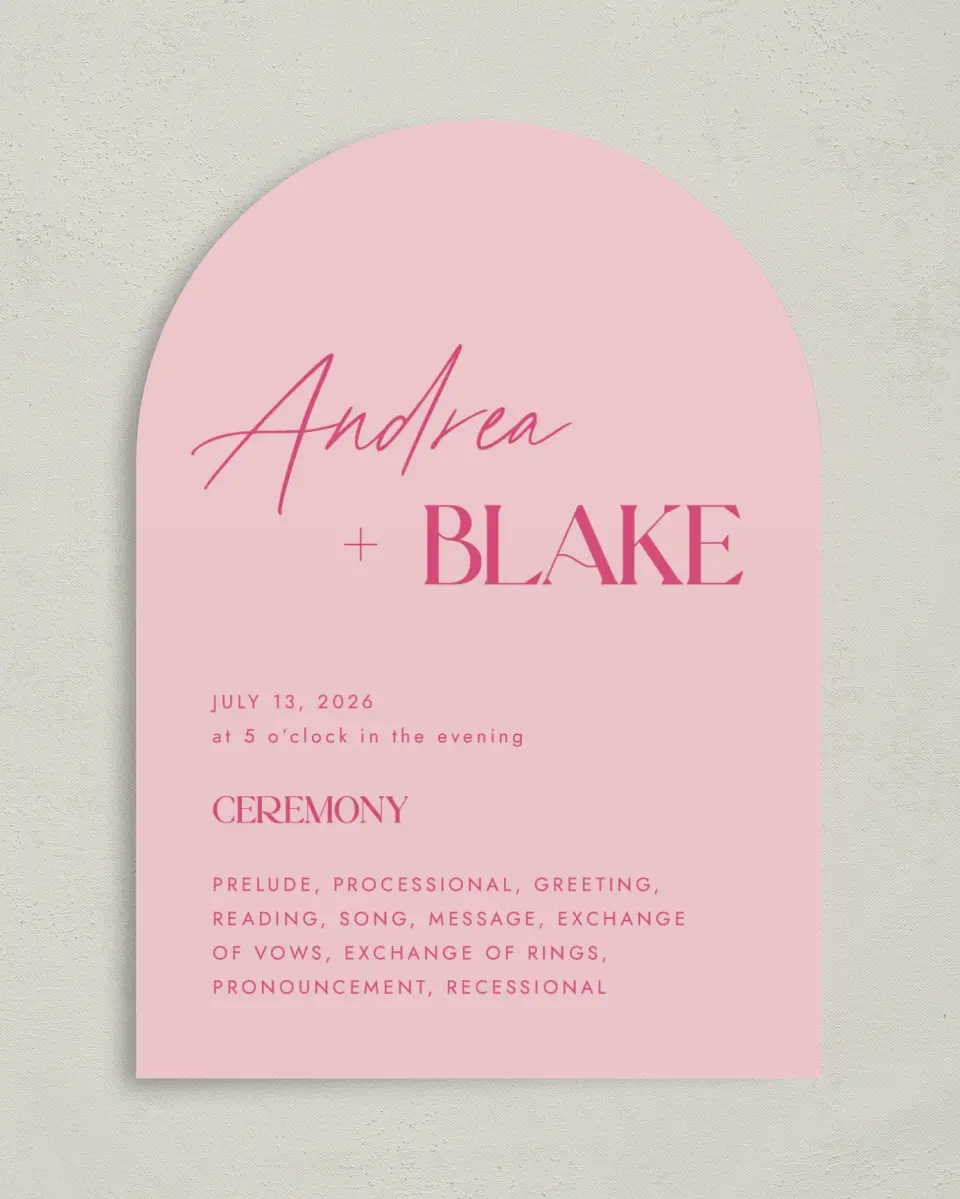 This is a 5" x 7" Arch Wedding Program called The Andrea printed in full color on Premium Smooth paper