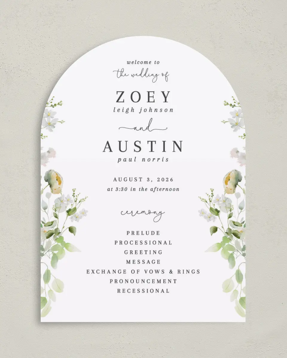 This is a 5" x 7" Arch Wedding Program called The Zoey printed in full color on Premium Smooth paper