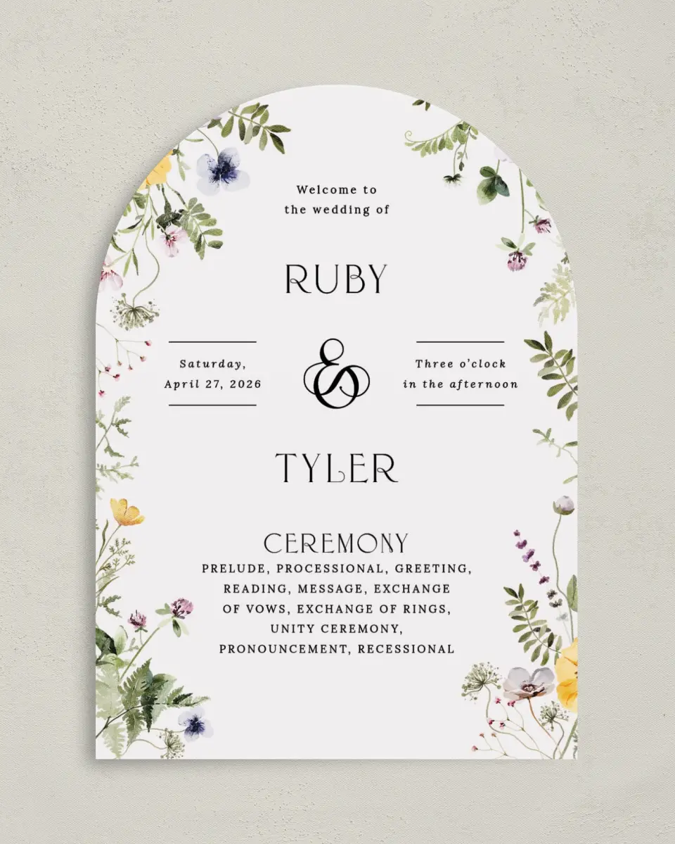 This is a 5" x 7" Arch Wedding Program called The Ruby printed in full color on Premium Smooth paper