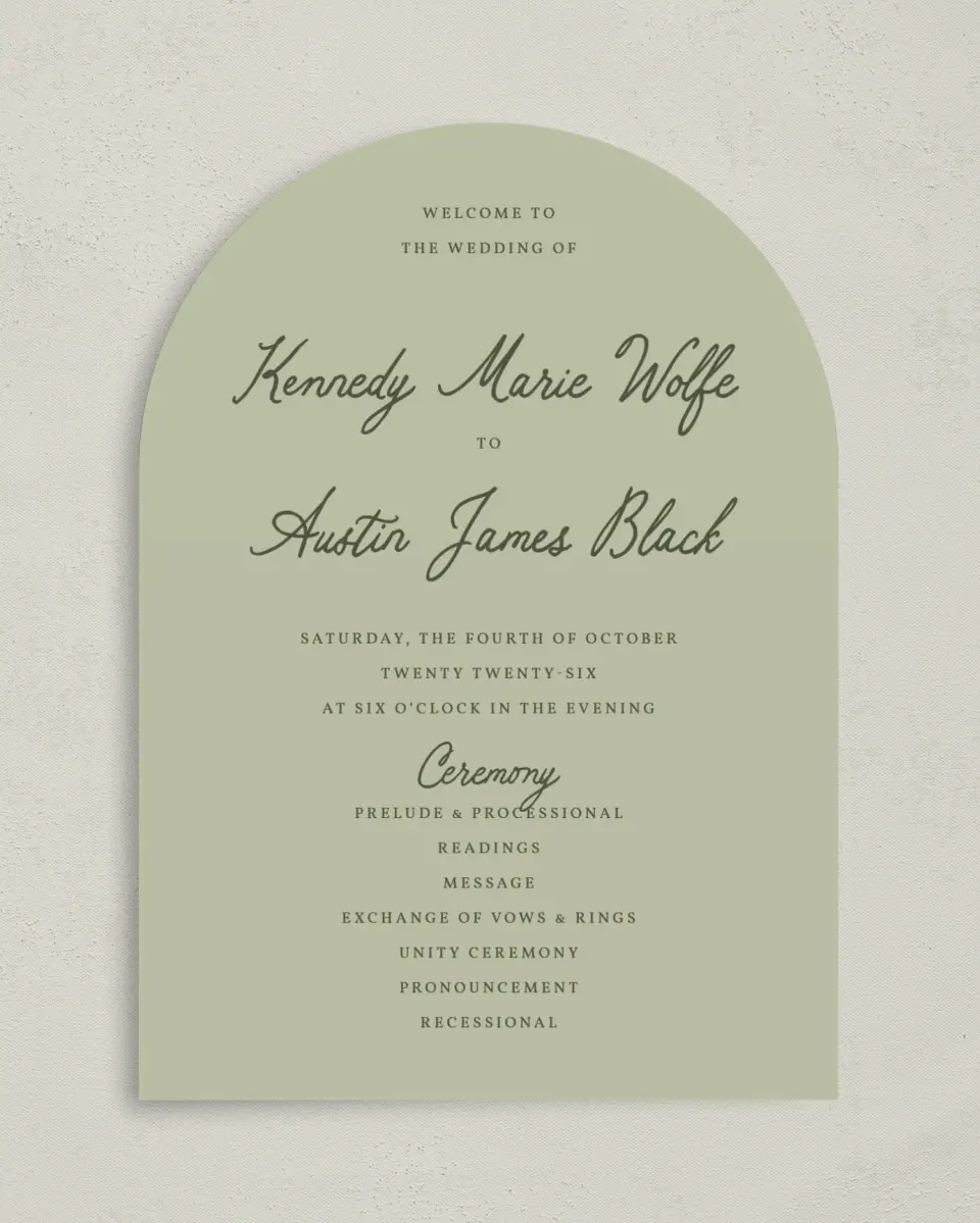 This is a 5" x 7" Arch Wedding Program called The Kennedy printed in full color on Premium Smooth paper