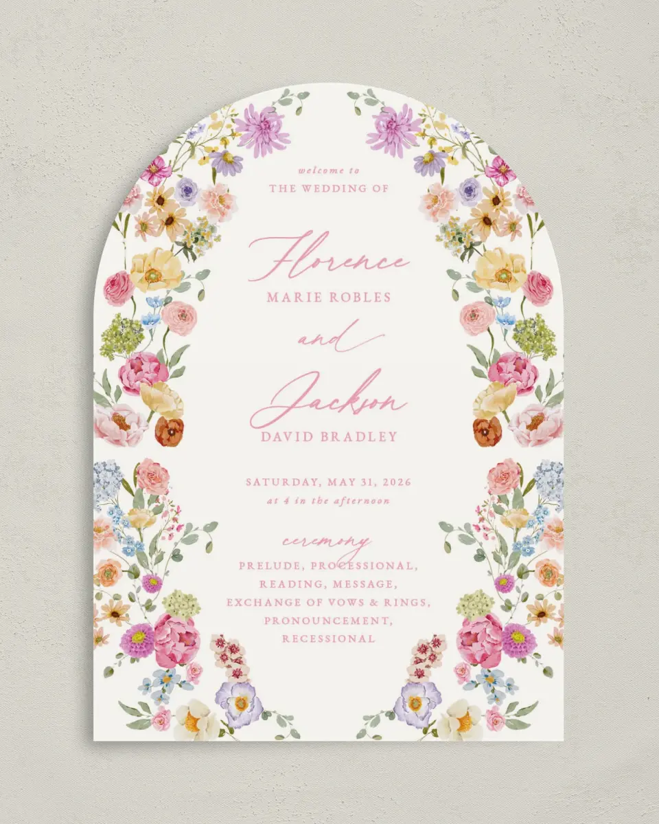 This is a 5" x 7" Arch Wedding Program called The Florence printed in full color on Premium Smooth paper