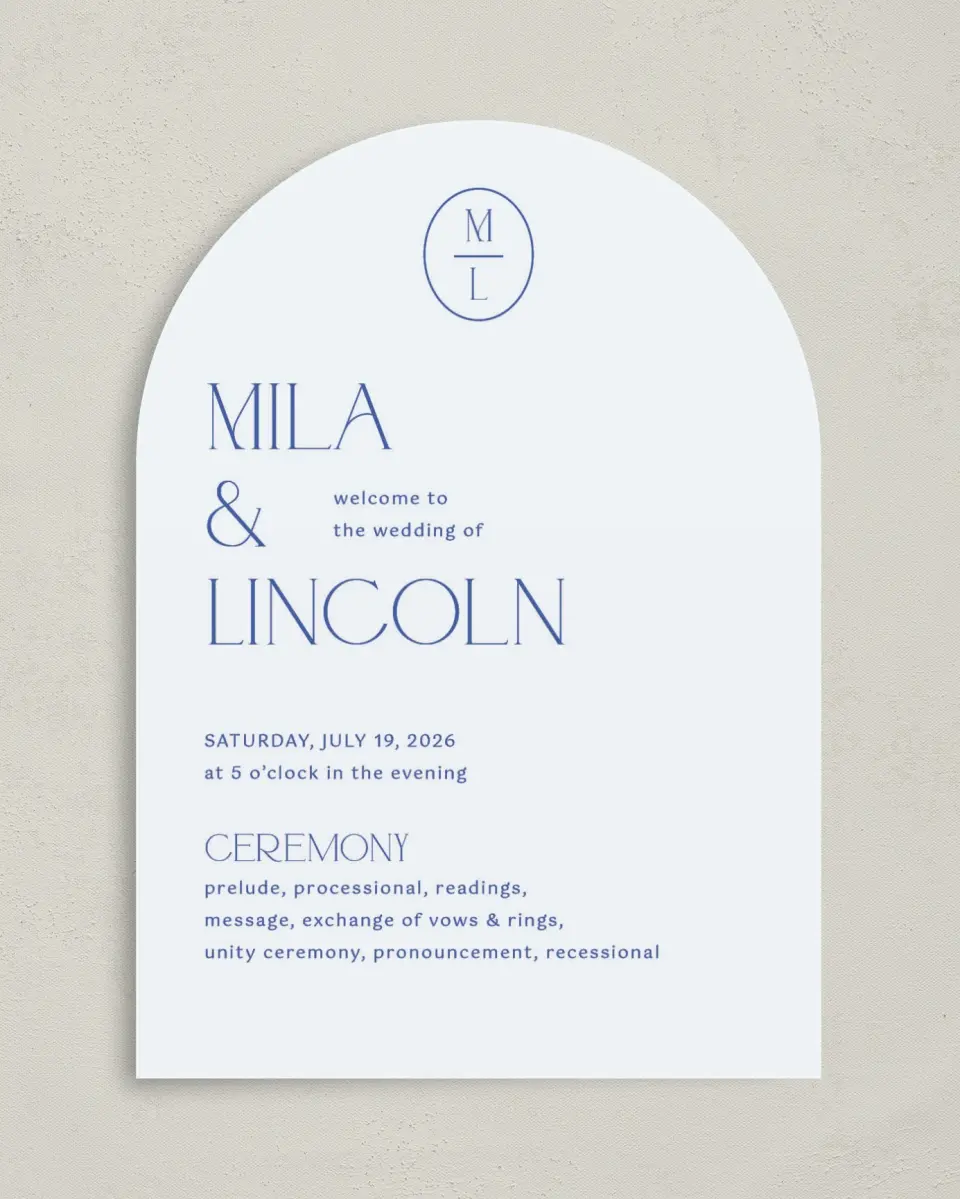This is a 5" x 7" Arch Wedding Program called The Mila printed in full color on Premium Smooth paper