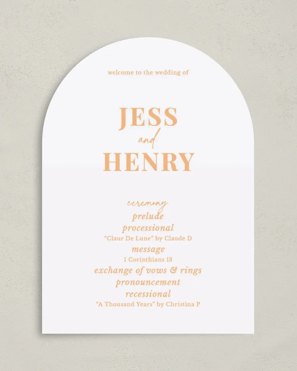 This is a 5" x 7" Arch Wedding Program called The Jess printed in full color on Premium Smooth paper