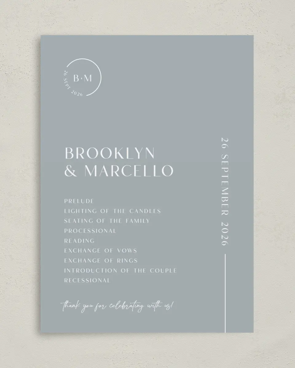 This is a 5" x 7" Wavy Wedding Program called The Brooklyn printed in full color with Gold foil on Luxe Satin (coated) paper