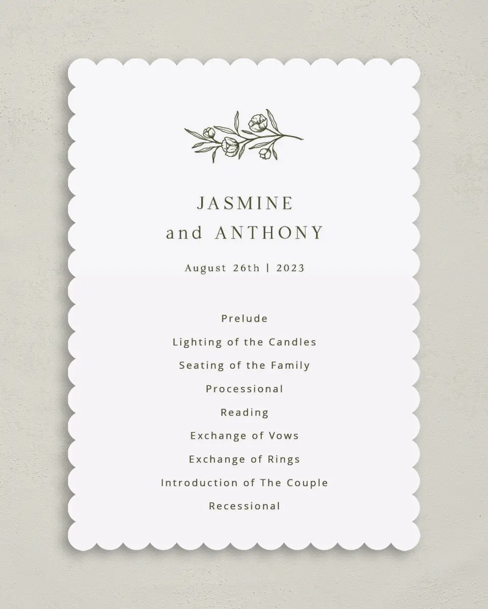 This is a 5" x 7" Wavy Wedding Program called The Jasmine printed in full color on Premium Smooth paper