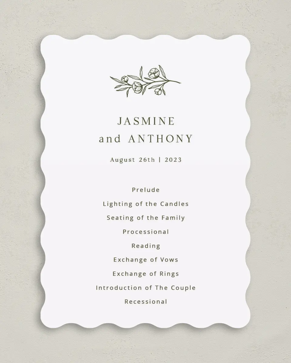 This is a 5" x 7" Wavy Wedding Program called The Jasmine printed in full color on Premium Smooth paper