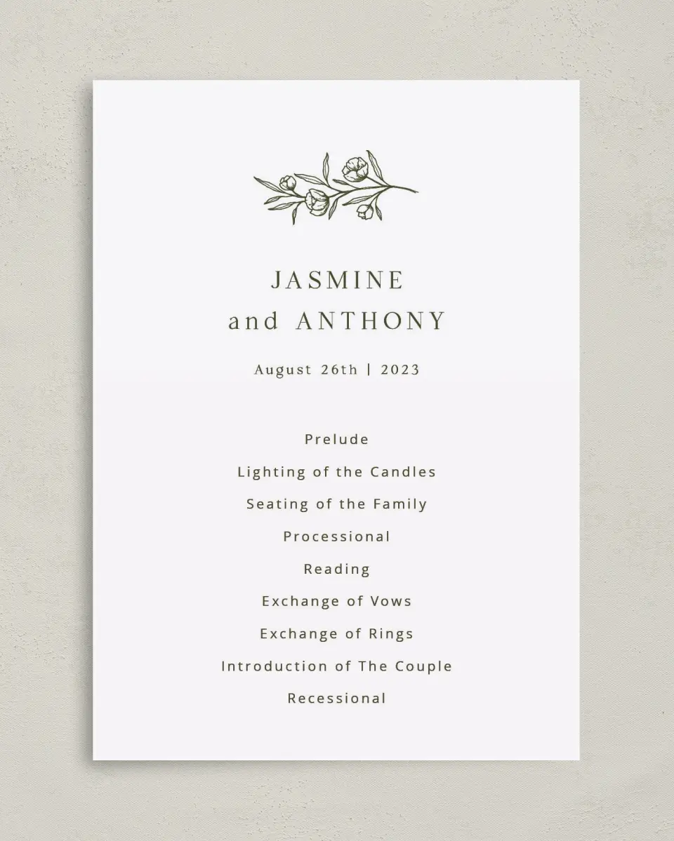 This is a 5" x 7" Wavy Wedding Program called The Jasmine printed in full color with Gold foil on Luxe Satin (coated) paper