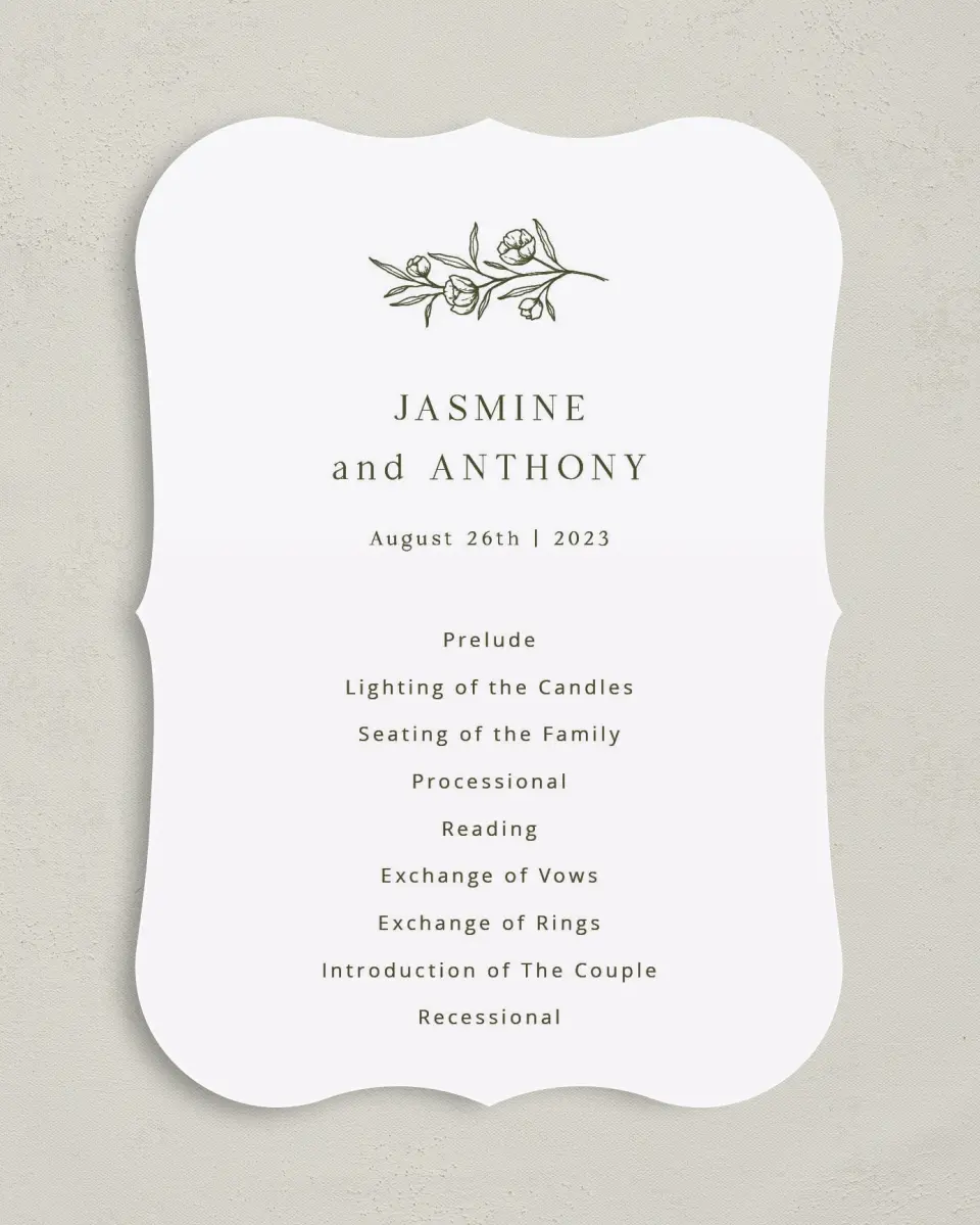 This is a 5" x 7" Wavy Wedding Program called The Jasmine printed in full color on Premium Smooth paper