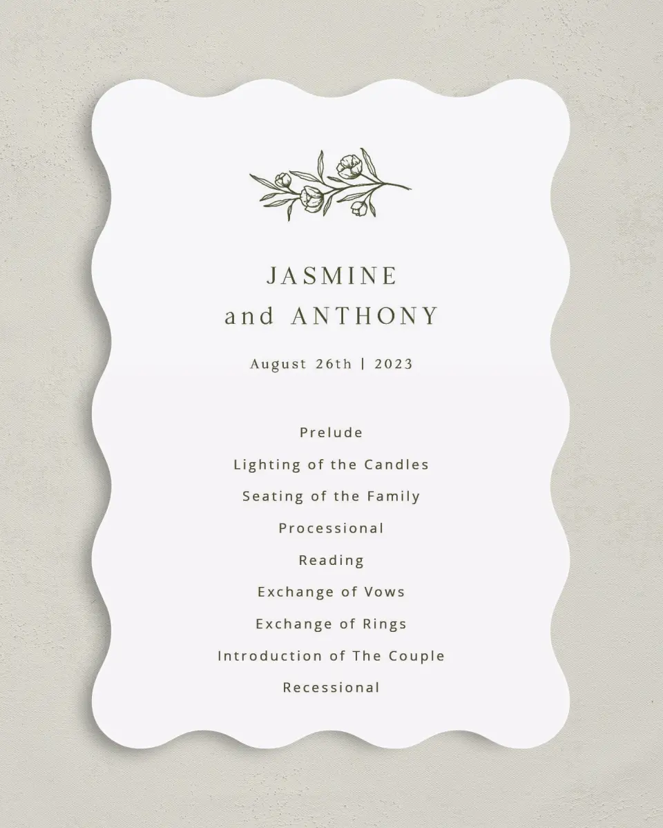 This is a 5" x 7" Wavy Wedding Program called The Jasmine printed in full color on Premium Smooth paper