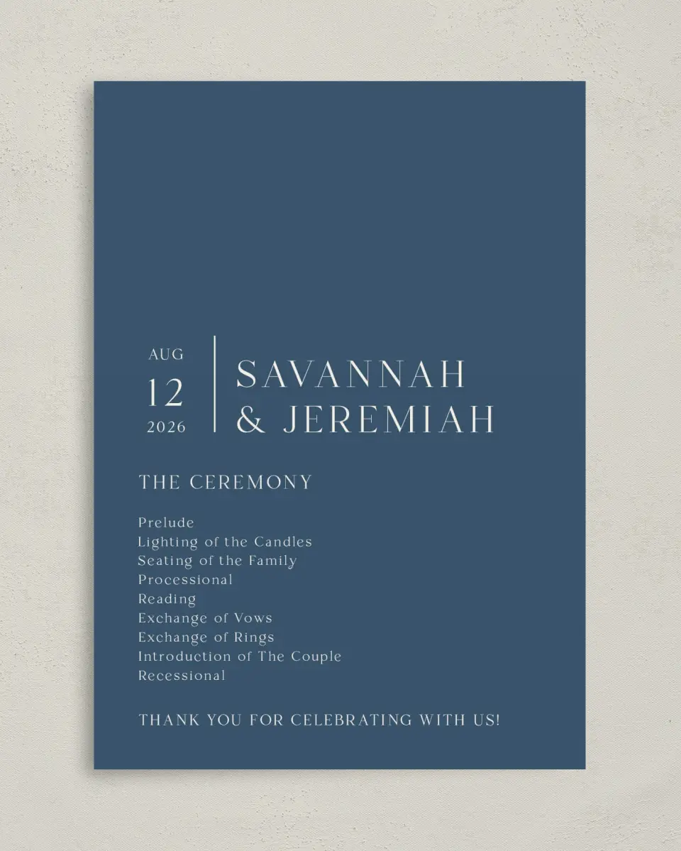 This is a 5" x 7" Wavy Wedding Program called The Savannah printed in full color with Gold foil on Luxe Satin (coated) paper