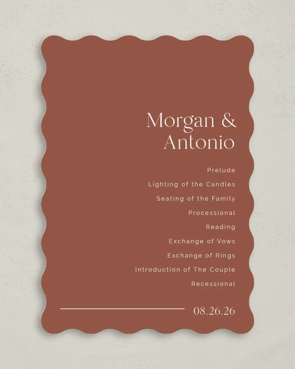This is a 5" x 7" Wavy Wedding Program called The Morgan printed in full color on Premium Smooth paper