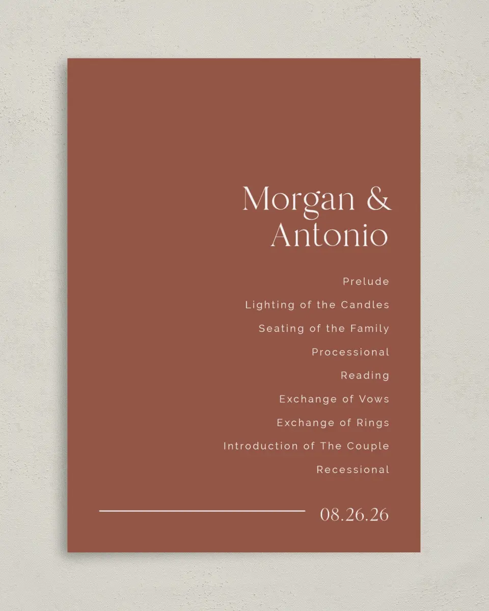 This is a 5" x 7" Wavy Wedding Program called The Morgan printed in full color with Gold foil on Luxe Satin (coated) paper
