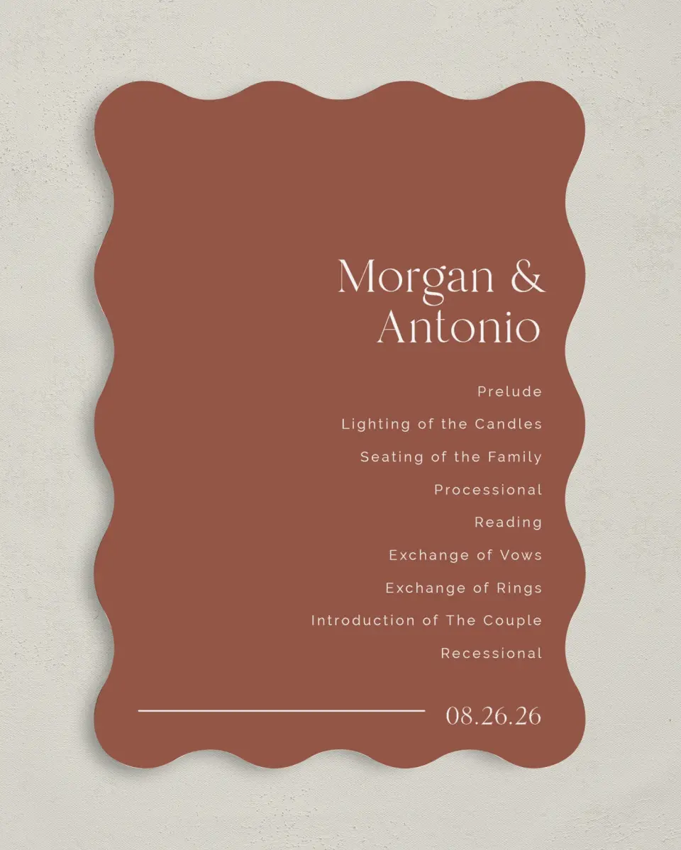 This is a 5" x 7" Wavy Wedding Program called The Morgan printed in full color on Premium Smooth paper