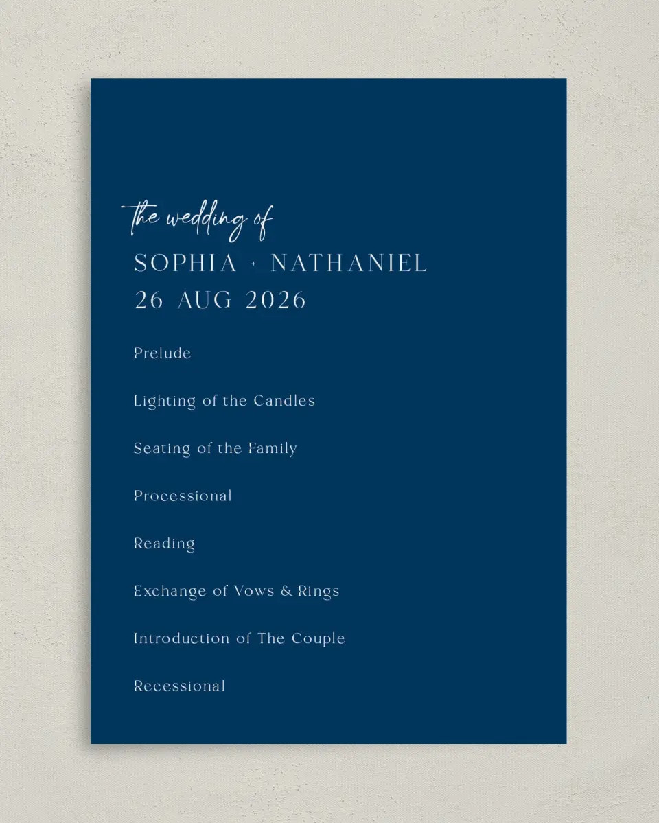 This is a 5" x 7" Wavy Wedding Program called The Sophia printed in full color with Gold foil on Luxe Satin (coated) paper