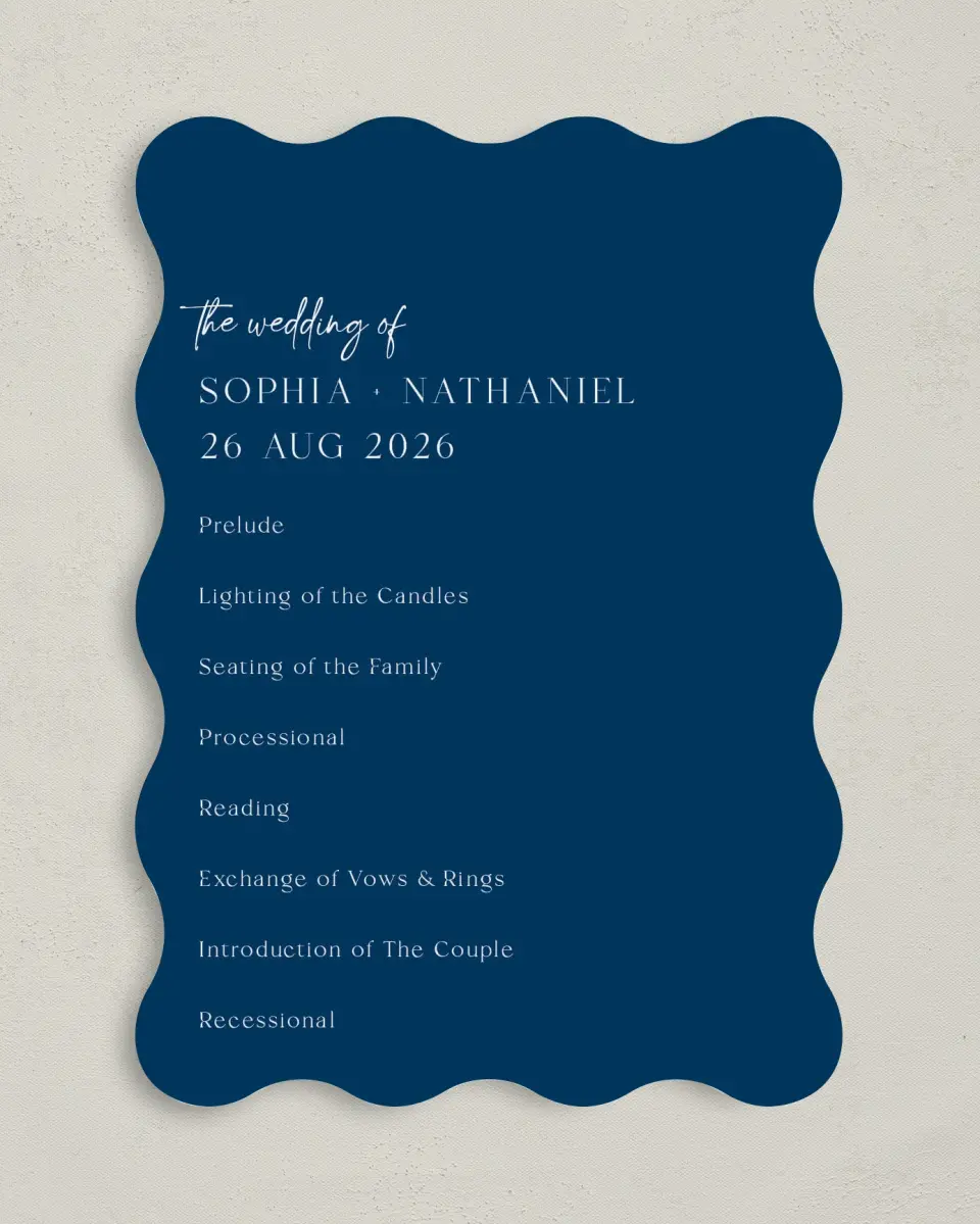 This is a 5" x 7" Wavy Wedding Program called The Sophia printed in full color on Premium Smooth paper