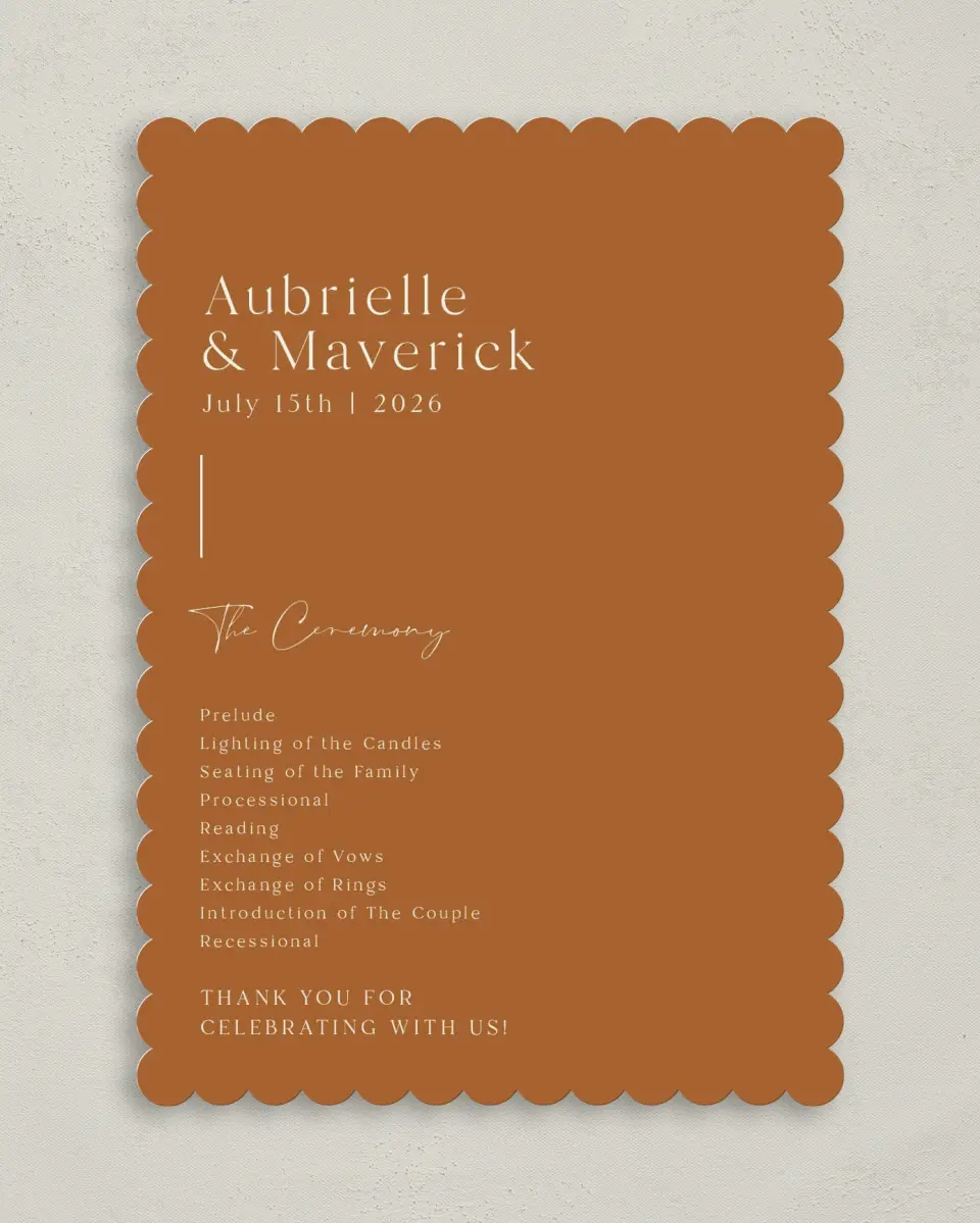 This is a 5" x 7" Wavy Wedding Program called The Aubrielle printed in full color with Gold foil on Luxe Satin (coated) paper