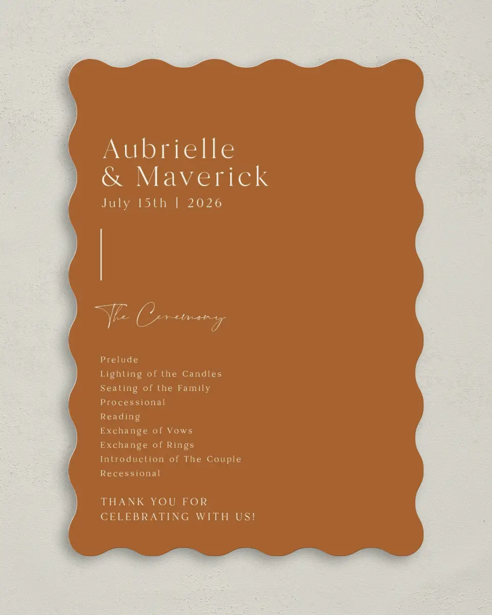 This is a 5" x 7" Wavy Wedding Program called The Aubrielle printed in full color on Premium Smooth paper