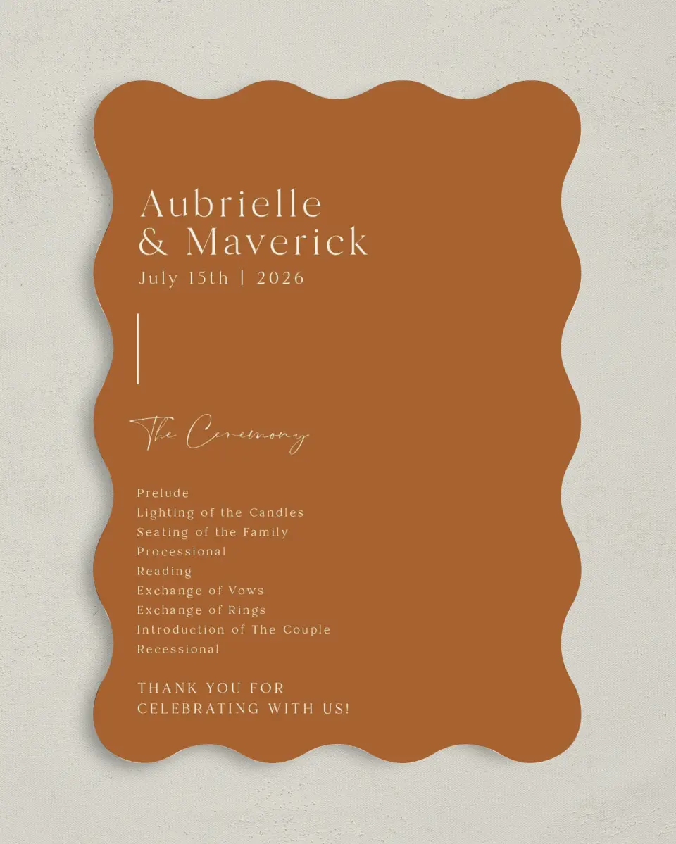 This is a 5" x 7" Wavy Wedding Program called The Aubrielle printed in full color on Premium Smooth paper