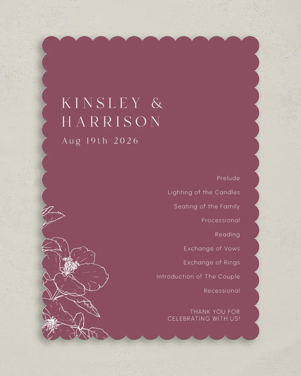 This is a 5" x 7" Wavy Wedding Program called The Kinsley printed in full color on Premium Smooth paper