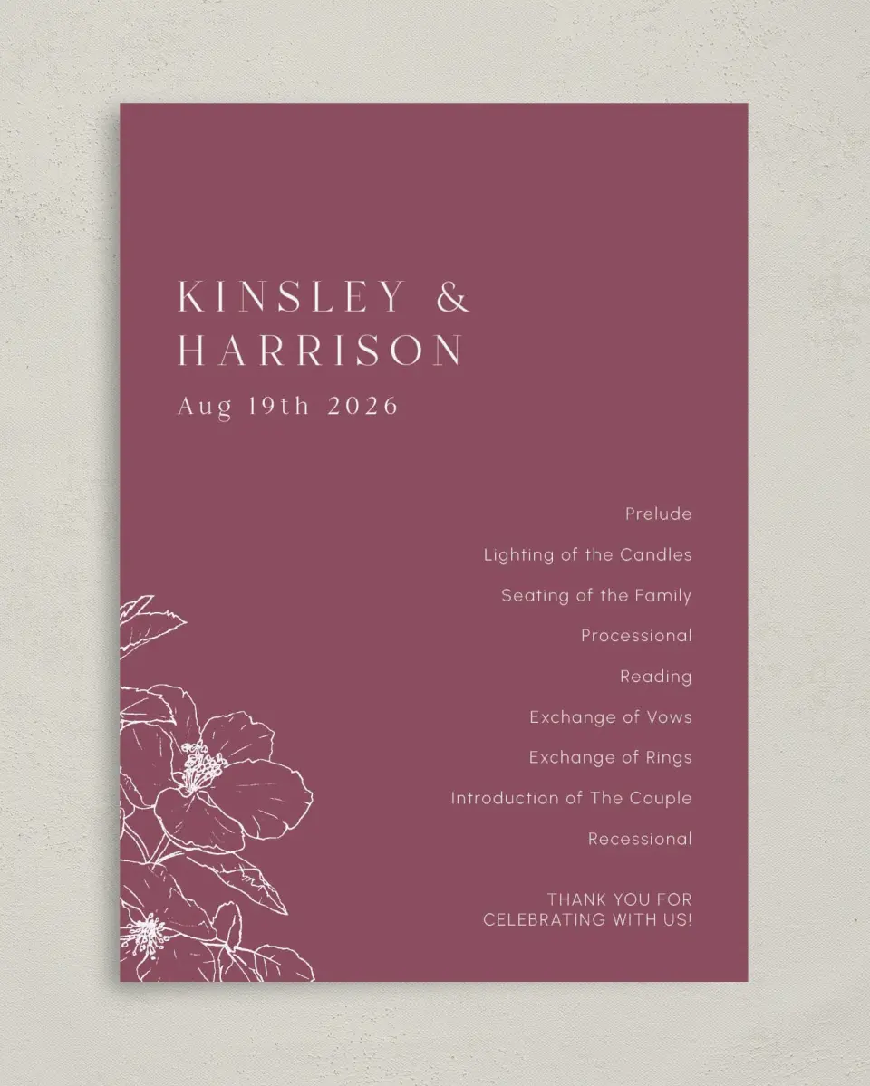 This is a 5" x 7" Wavy Wedding Program called The Kinsley printed in full color with Gold foil on Luxe Satin (coated) paper