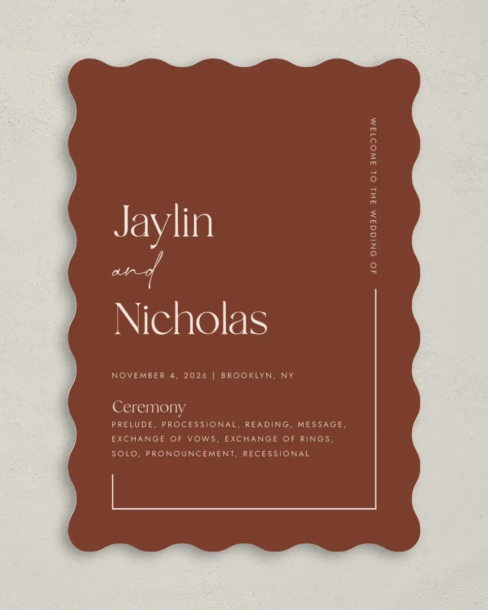 This is a 5" x 7" Wavy Wedding Program called The Jaylin printed in full color on Premium Smooth paper