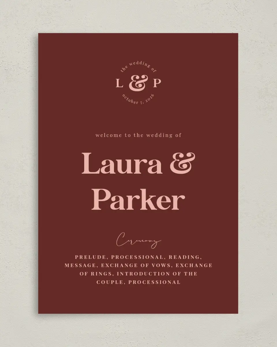 This is a 5" x 7" Wavy Wedding Program called The Laura printed in full color with Gold foil on Luxe Satin (coated) paper