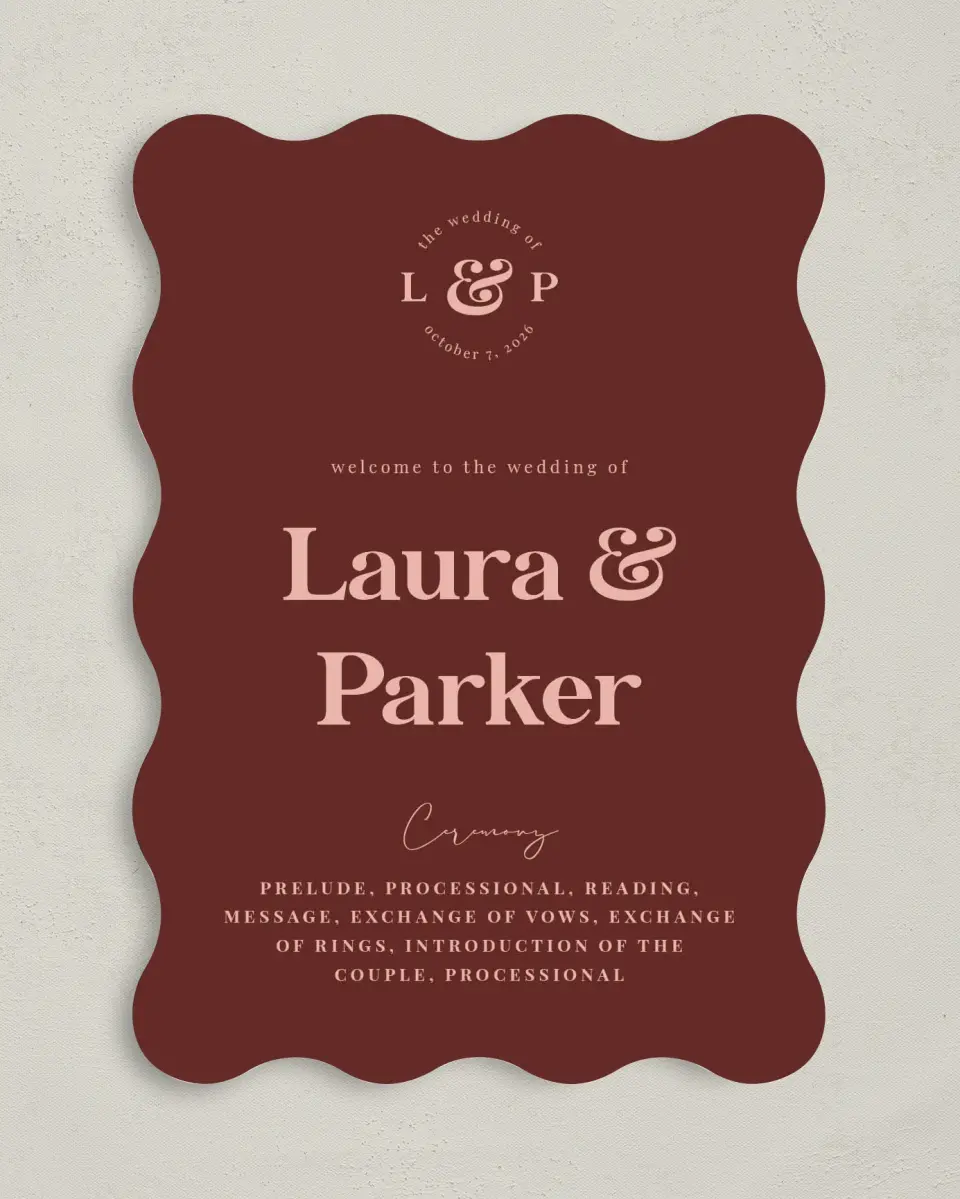 This is a 5" x 7" Wavy Wedding Program called The Laura printed in full color on Premium Smooth paper
