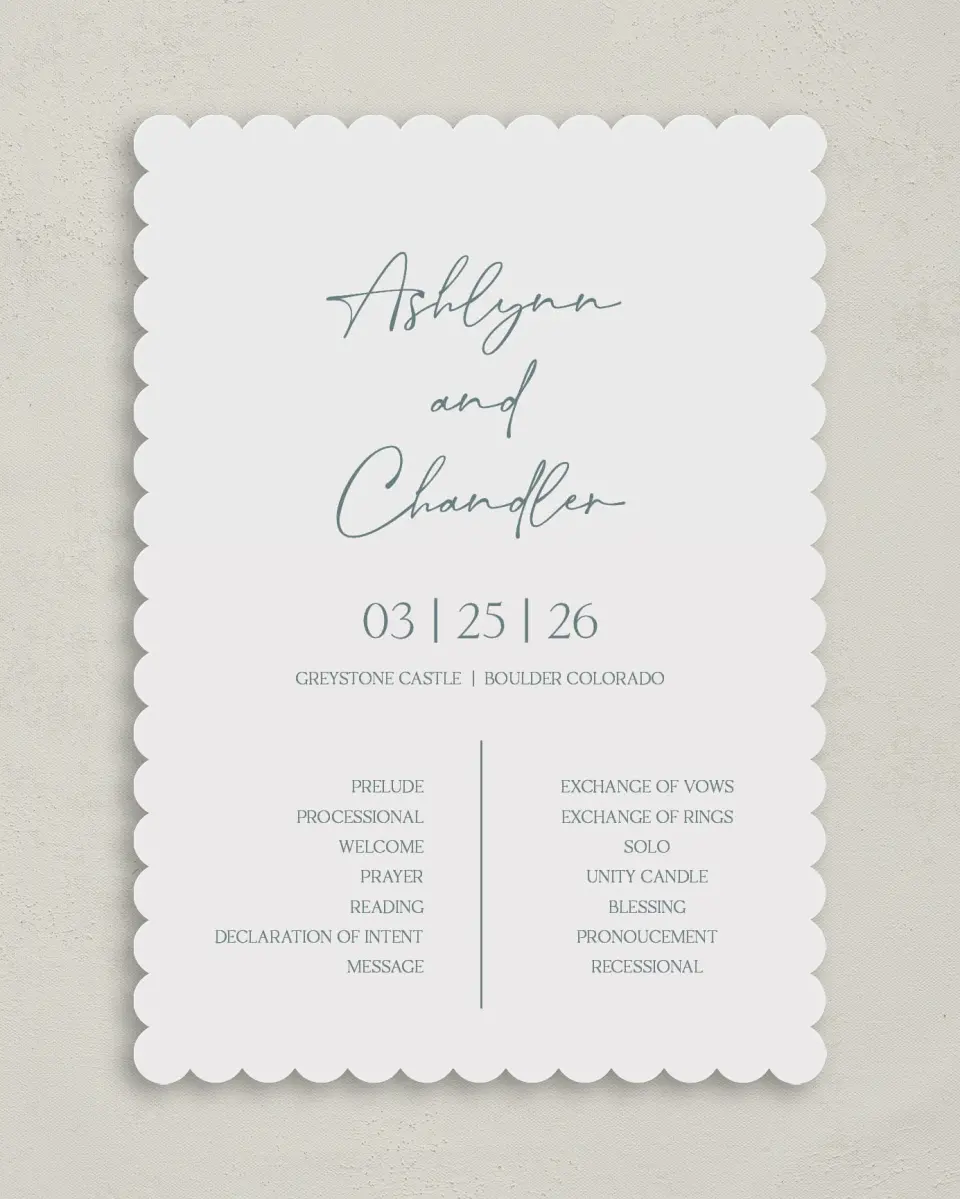 This is a 5" x 7" Wavy Wedding Program called The Ashlyn printed in full color on Premium Smooth paper
