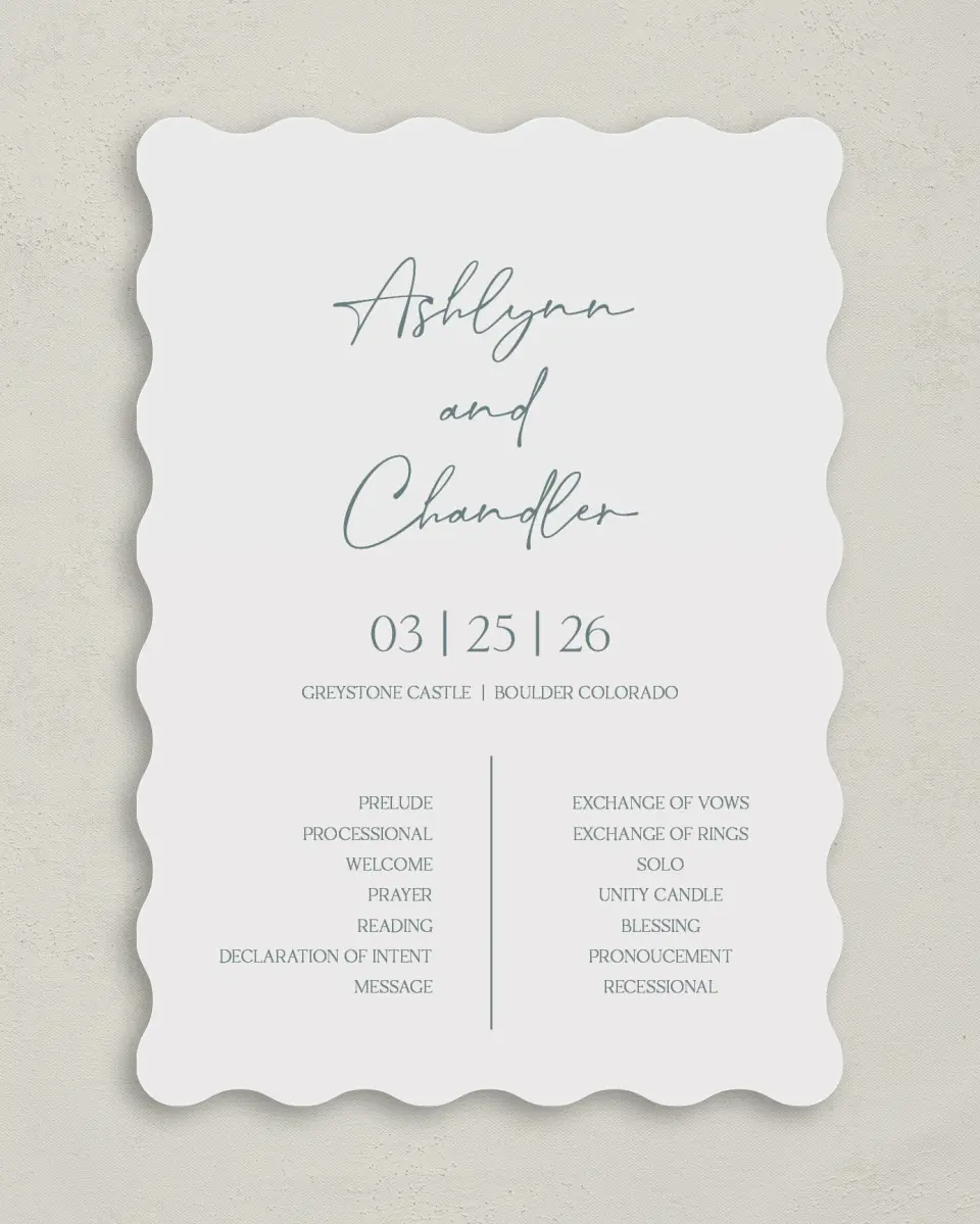 This is a 5" x 7" Wavy Wedding Program called The Ashlynn printed in full color on Premium Smooth paper