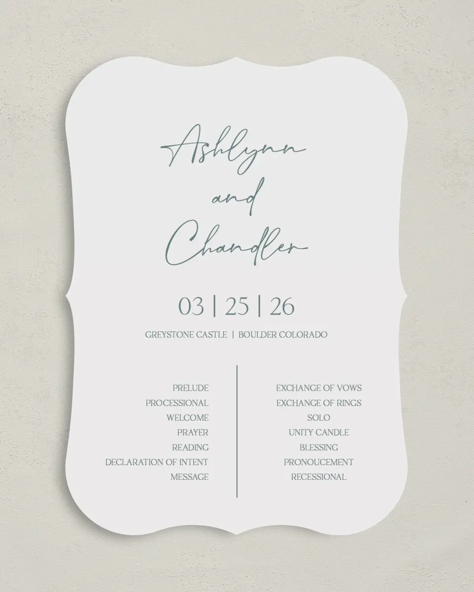 This is a 5" x 7" Wavy Wedding Program called The Ashlyn printed in full color on Premium Smooth paper