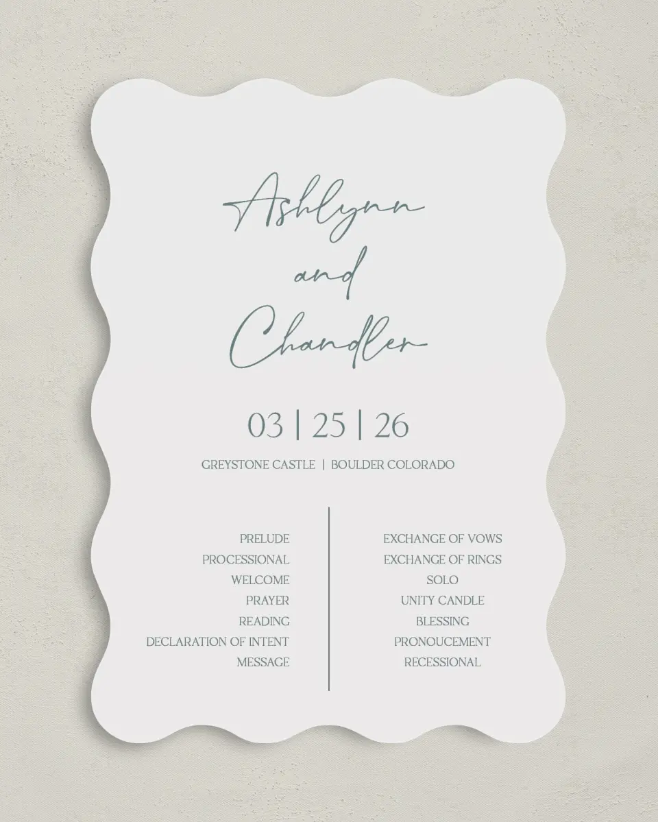This is a 5" x 7" Wavy Wedding Program called The Ashlynn printed in full color on Premium Smooth paper