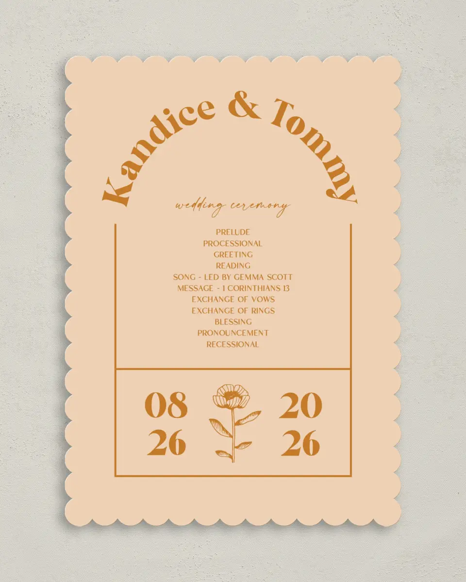 This is a 5" x 7" Wavy Wedding Program called The Kandice printed in full color with Gold foil on Luxe Satin (coated) paper