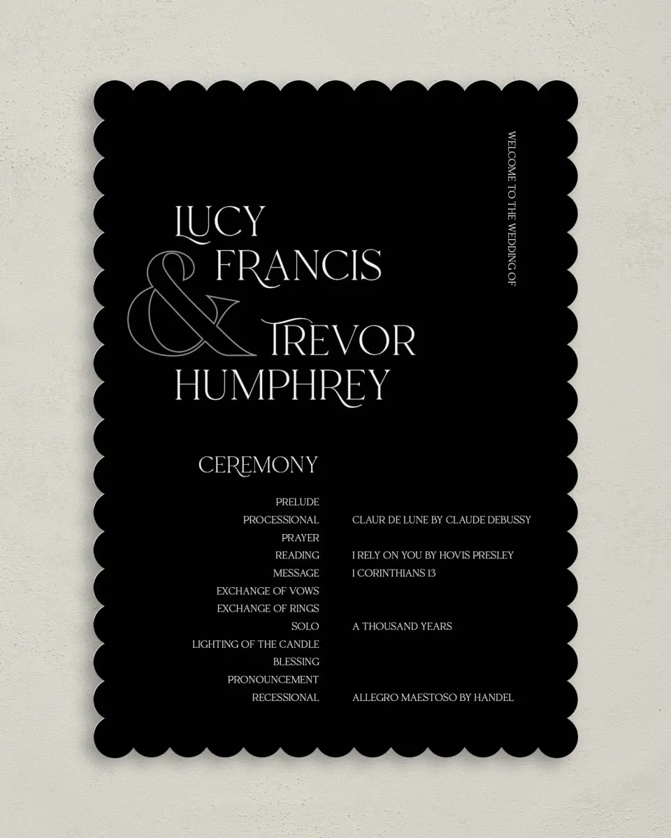 This is a 5" x 7" Wavy Wedding Program called The Lucy printed in full color with Gold foil on Luxe Satin (coated) paper
