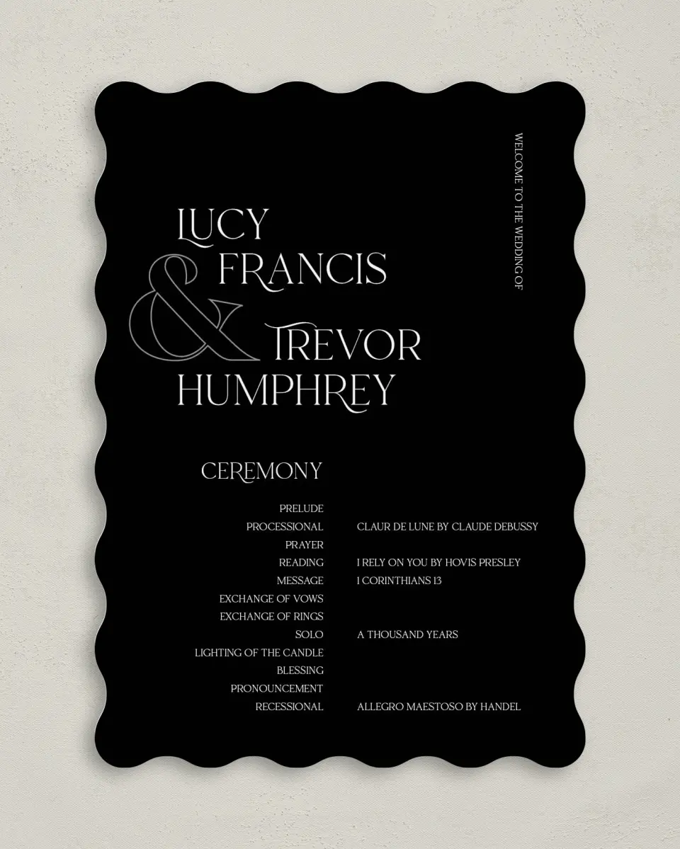 This is a 5" x 7" Wavy Wedding Program called The Lucy printed in full color on Premium Smooth paper