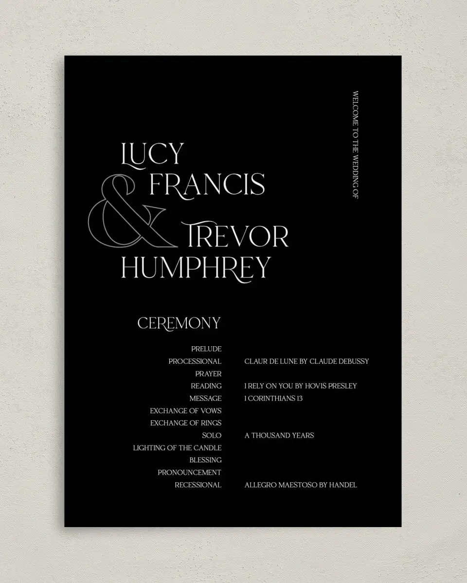 This is a 5" x 7" Wavy Wedding Program called The Lucy printed in full color with Gold foil on Luxe Satin (coated) paper