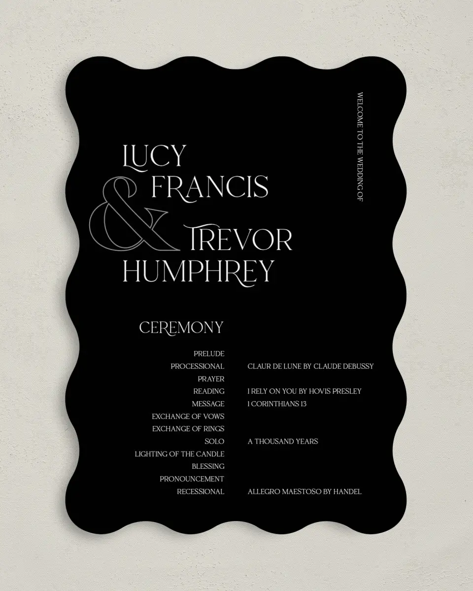 This is a 5" x 7" Wavy Wedding Program called The Lucy printed in full color on Premium Smooth paper