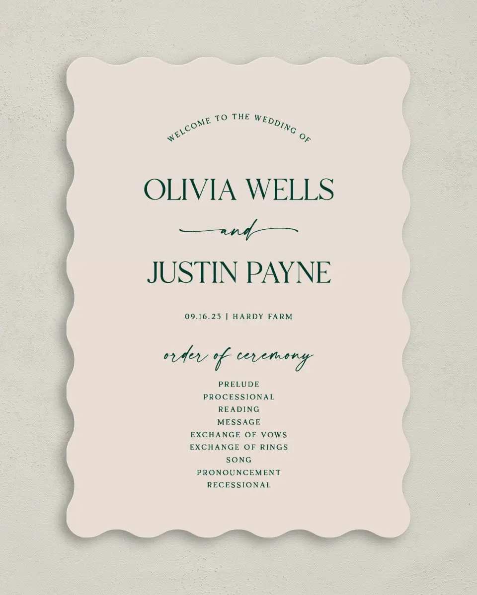 This is a 5" x 7" Wavy Wedding Program called The Olivia printed in full color on Premium Smooth paper