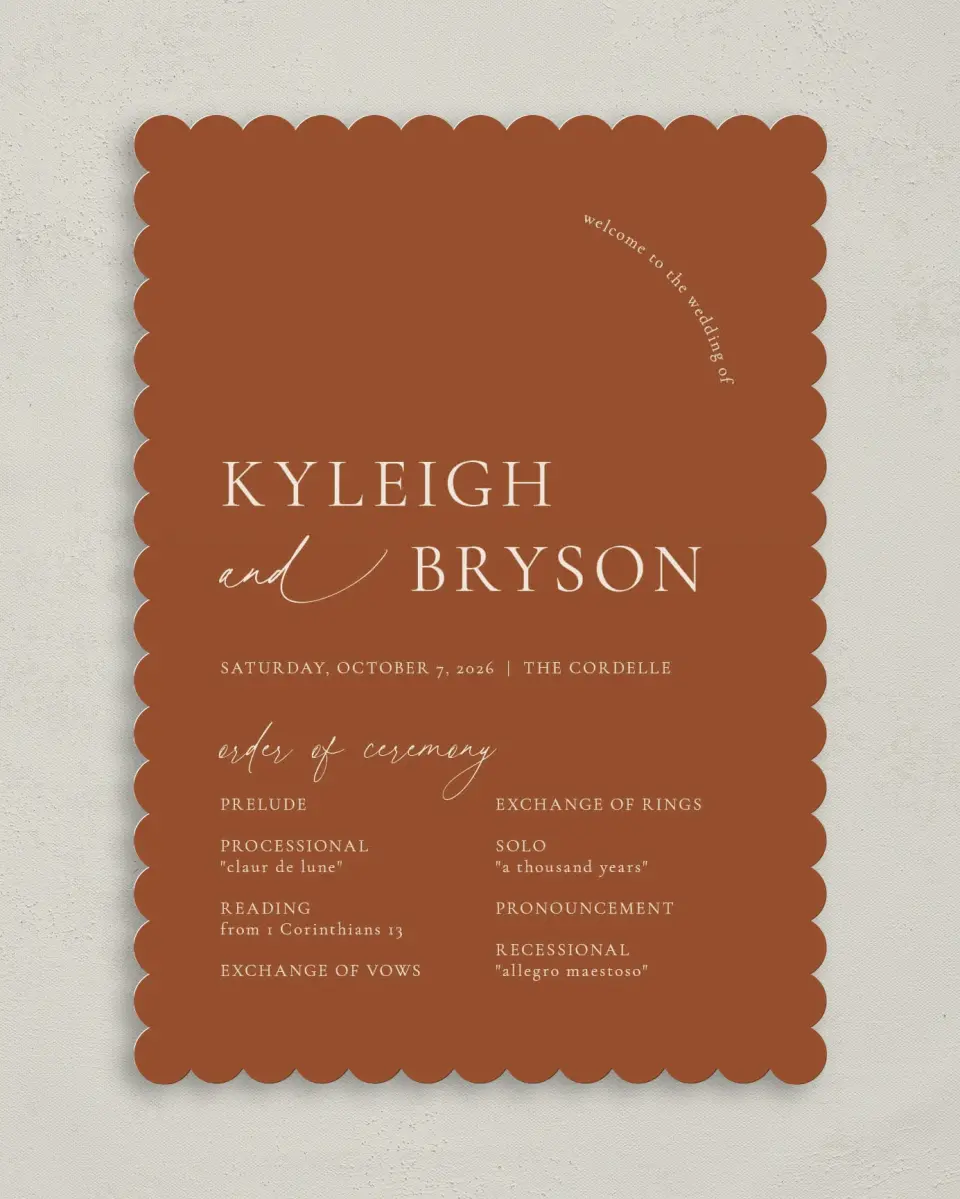 This is a 5" x 7" Wavy Wedding Program called The Kyleigh printed in full color with Gold foil on Luxe Satin (coated) paper