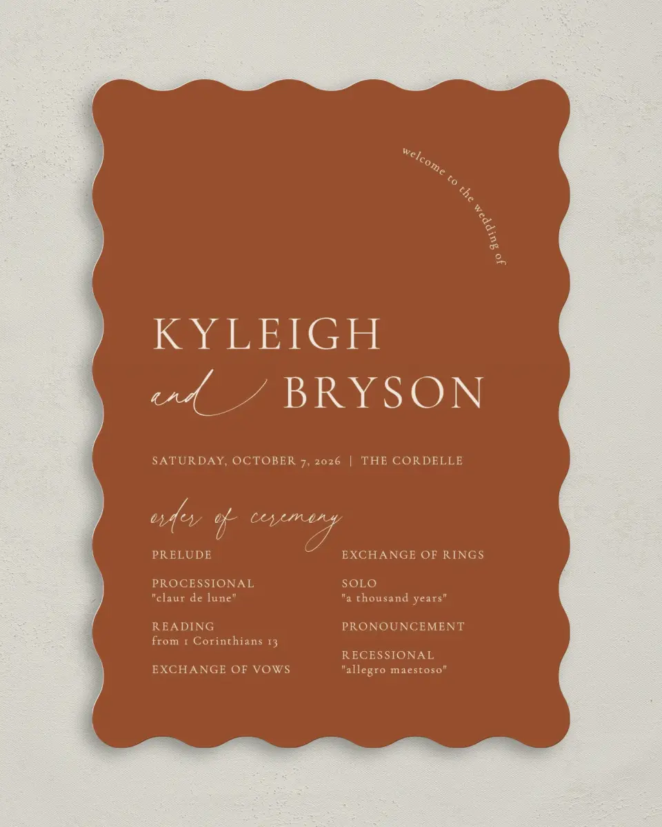This is a 5" x 7" Wavy Wedding Program called The Kyleigh printed in full color on Premium Smooth paper