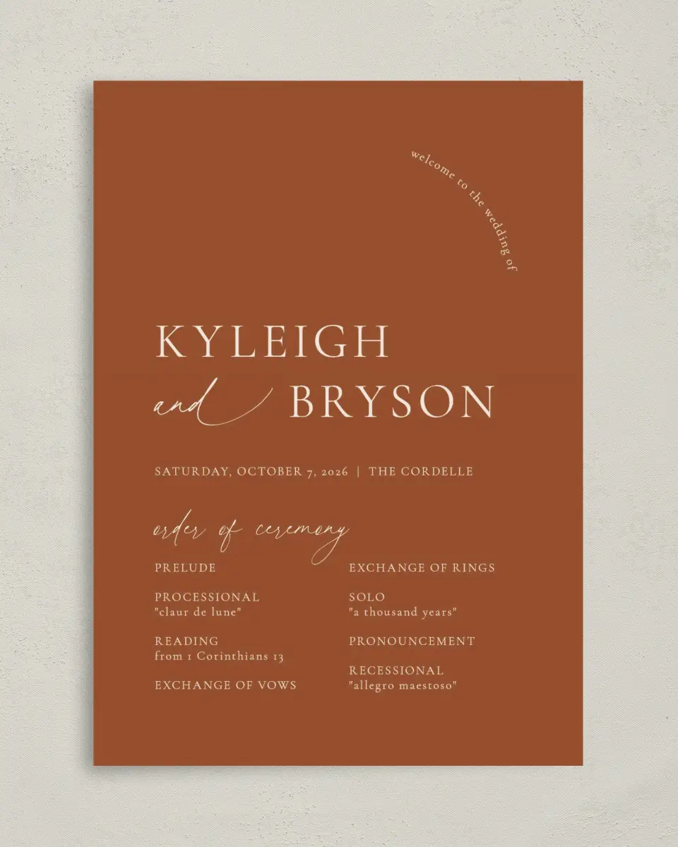 This is a 5" x 7" Wavy Wedding Program called The Kyleigh printed in full color with Gold foil on Luxe Satin (coated) paper