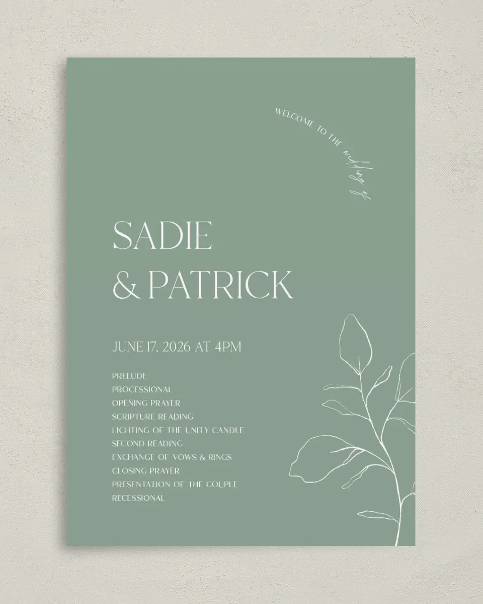 This is a 5" x 7" Wavy Wedding Program called Teh Sadie printed in full color with Gold foil on Luxe Satin (coated) paper