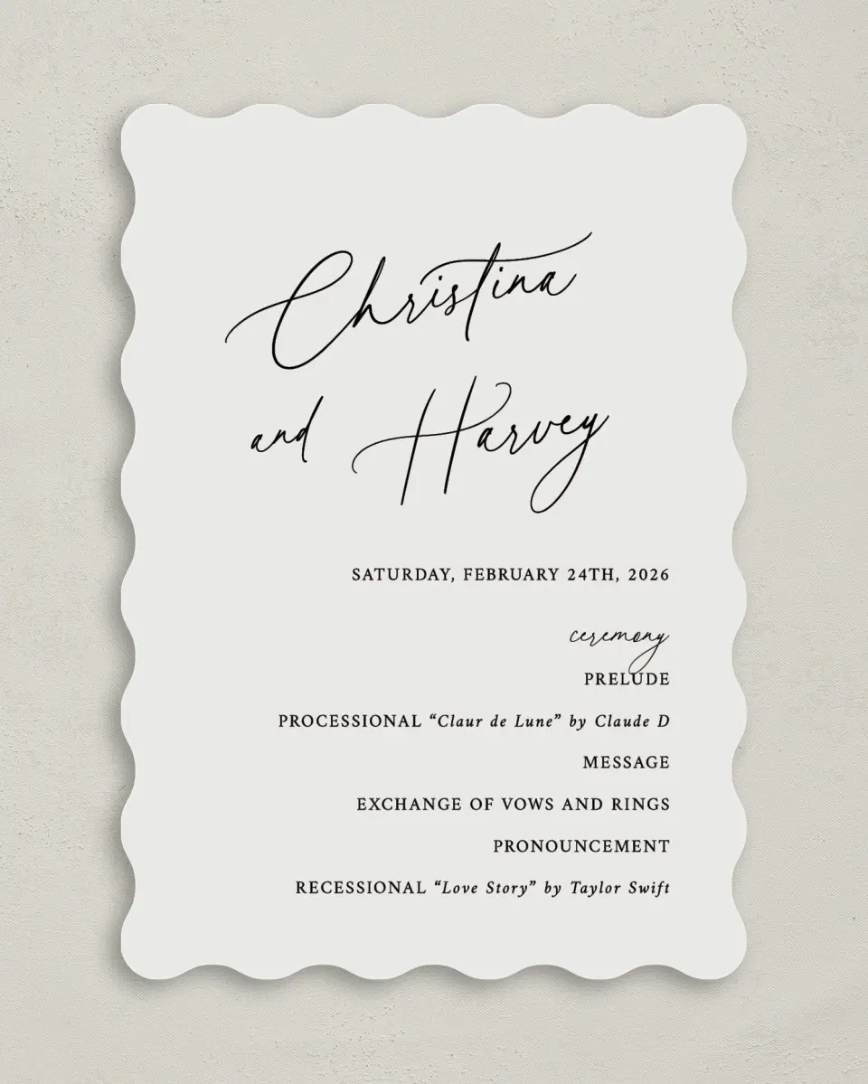 This is a 5" x 7" Wavy Wedding Program called The Christina printed in full color on Premium Smooth paper