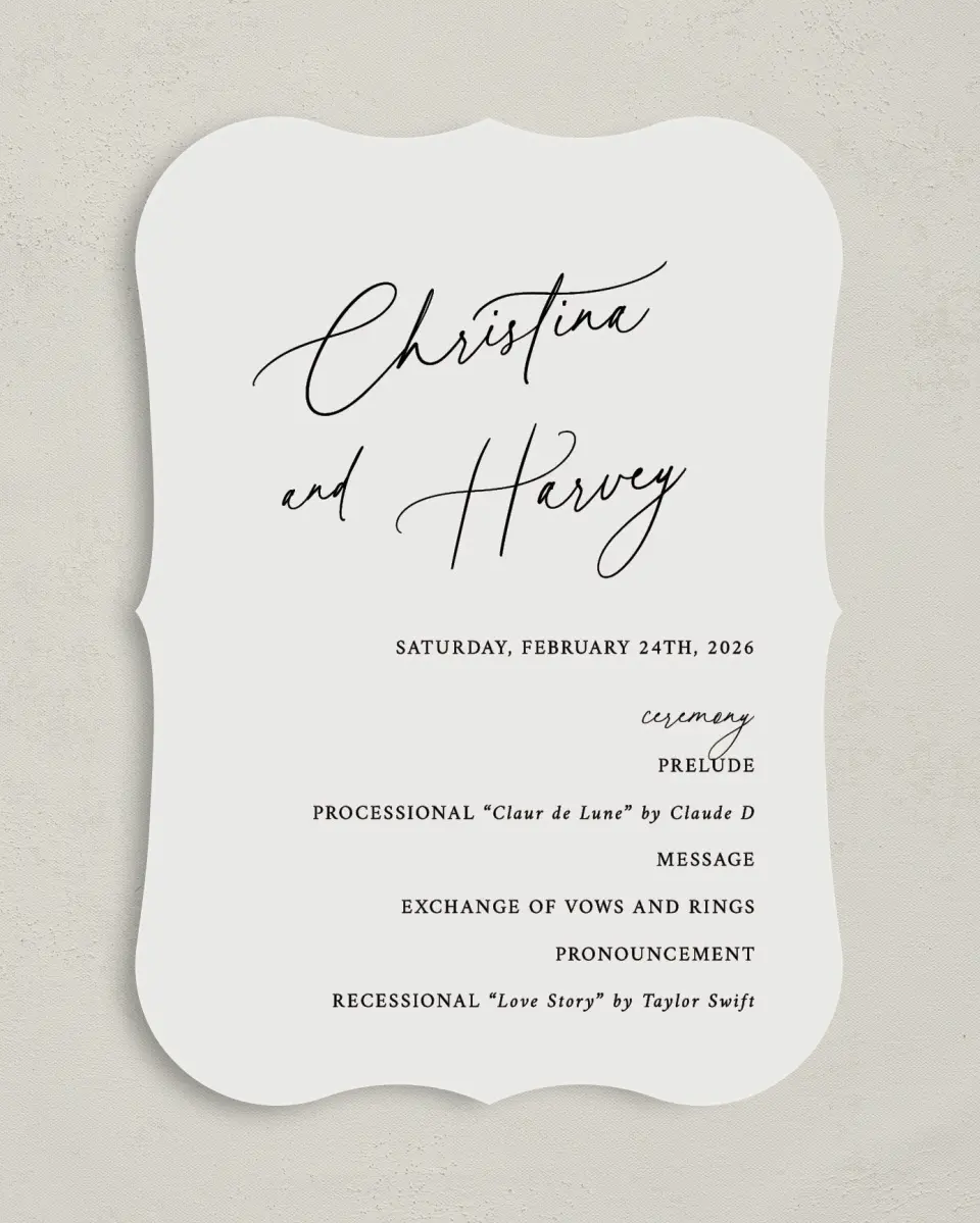 This is a 5" x 7" Wavy Wedding Program called The Christina printed in full color on Premium Smooth paper