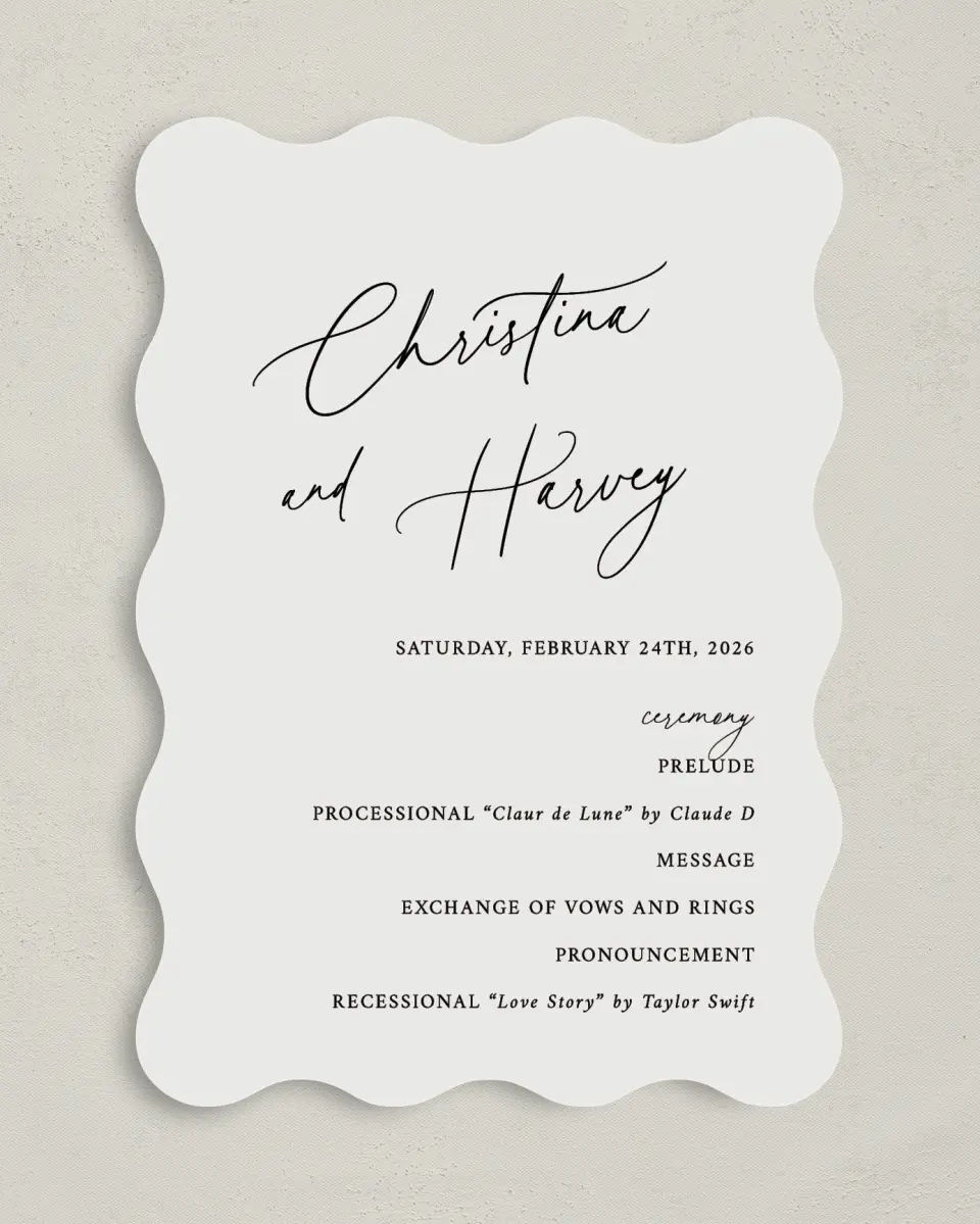 This is a 5" x 7" Wavy Wedding Program called The Christina printed in full color on Premium Smooth paper
