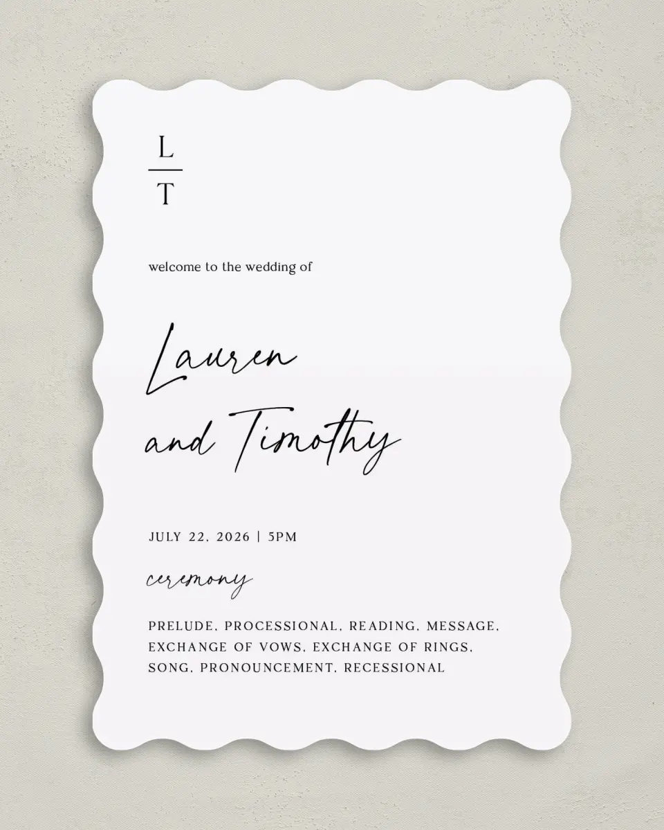 This is a 5" x 7" Wavy Wedding Program called The Lauren printed in full color on Premium Smooth paper