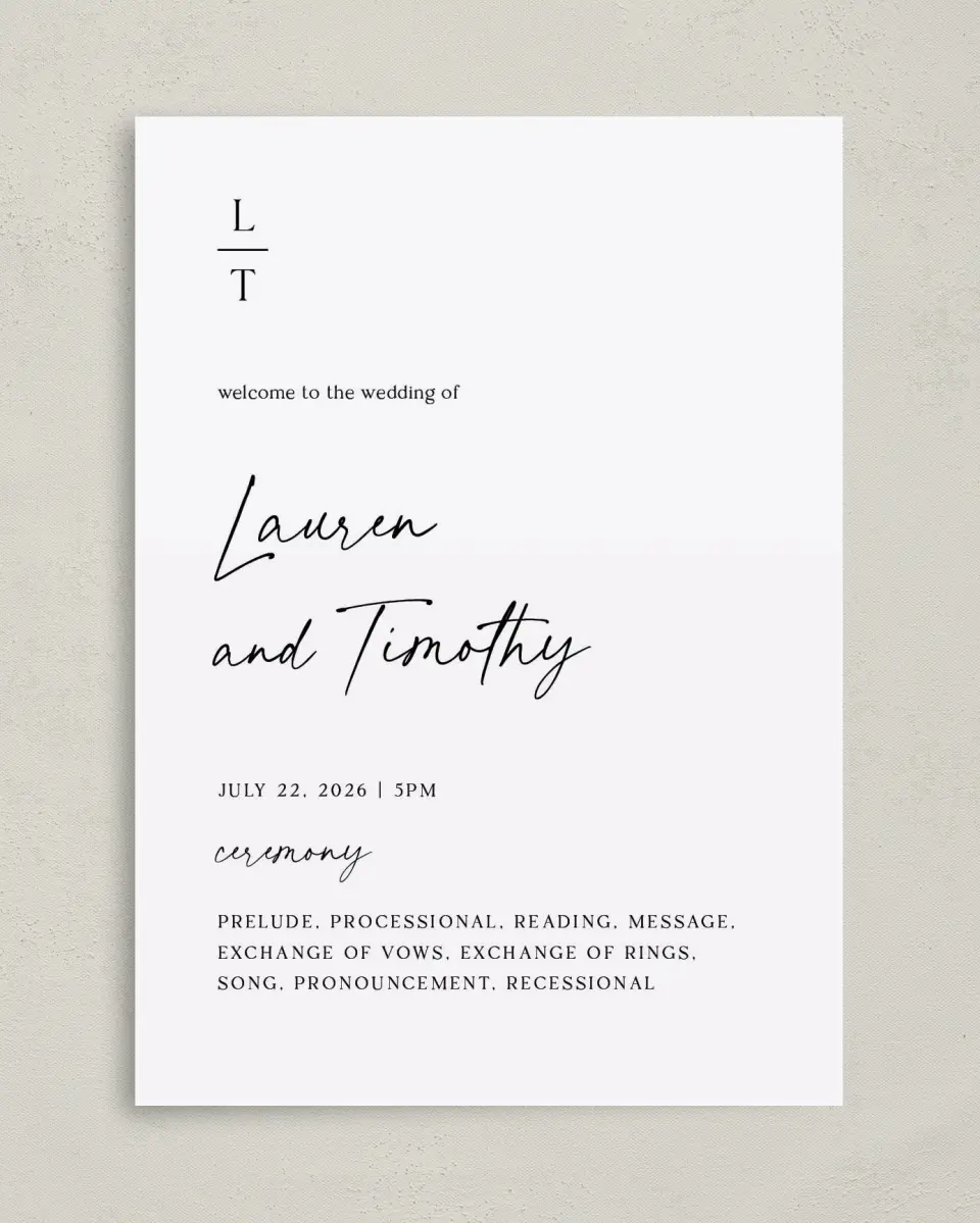 This is a 5" x 7" Wavy Wedding Program called The Lauren printed in full color with Gold foil on Luxe Satin (coated) paper