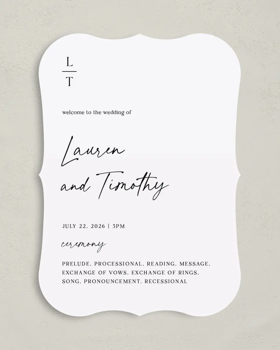 This is a 5" x 7" Wavy Wedding Program called The Lauren printed in full color on Premium Smooth paper